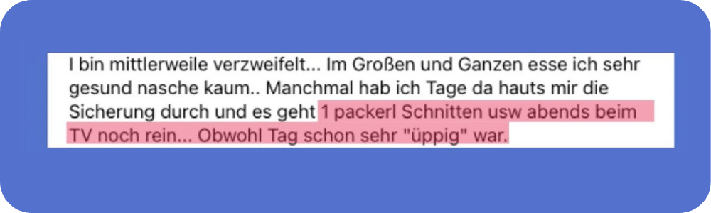 Testimonial ist verzweifelt, weil sie durch Stress so viele Süßigkeiten isst und nicht abnimmt.