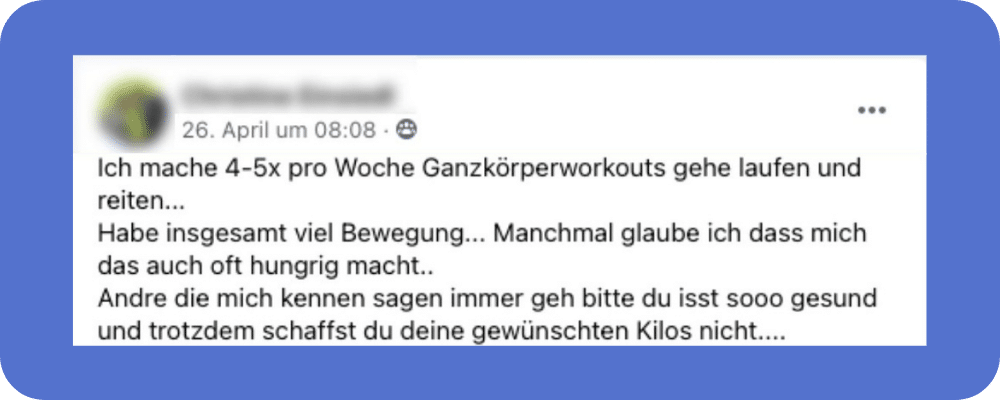 Testimonial beschreibt, dass es durch Stress vermehrt zu Süßigkeiten greift und nicht abnimmt.