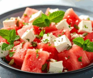 Wassermelonen-Feta-Salat mit Minze und Kübriskernen auf einem schwarzen Teller