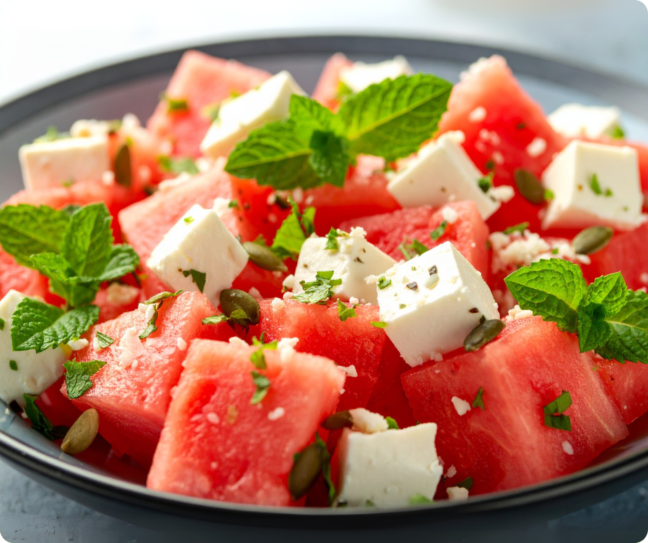 Wassermelonen-Feta-Salat mit Minze und Kübriskernen auf einem schwarzen Teller