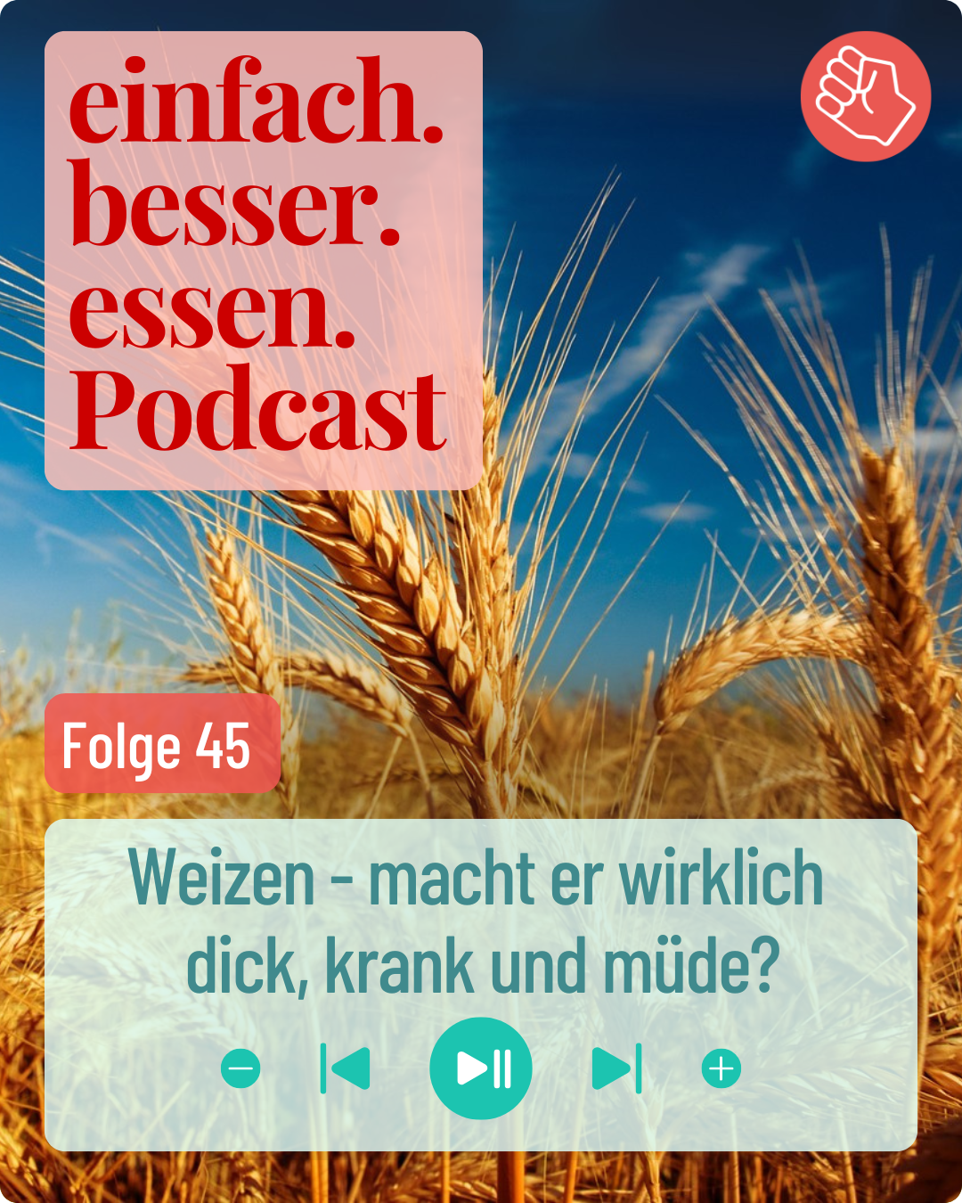 Nahaufnahme von einem Weizenfeld. Im Hintergrund sieht man den Himmel.