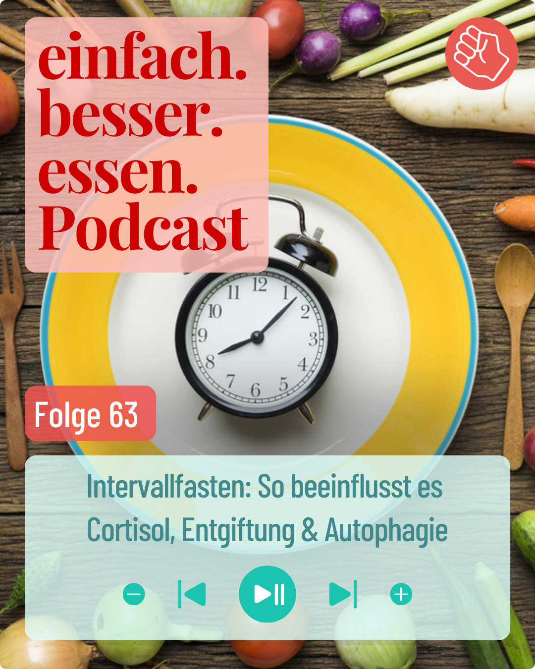 Eine Uhr liegt auf einem Teller und zeigt die Zeiten des Intervallfastens an.