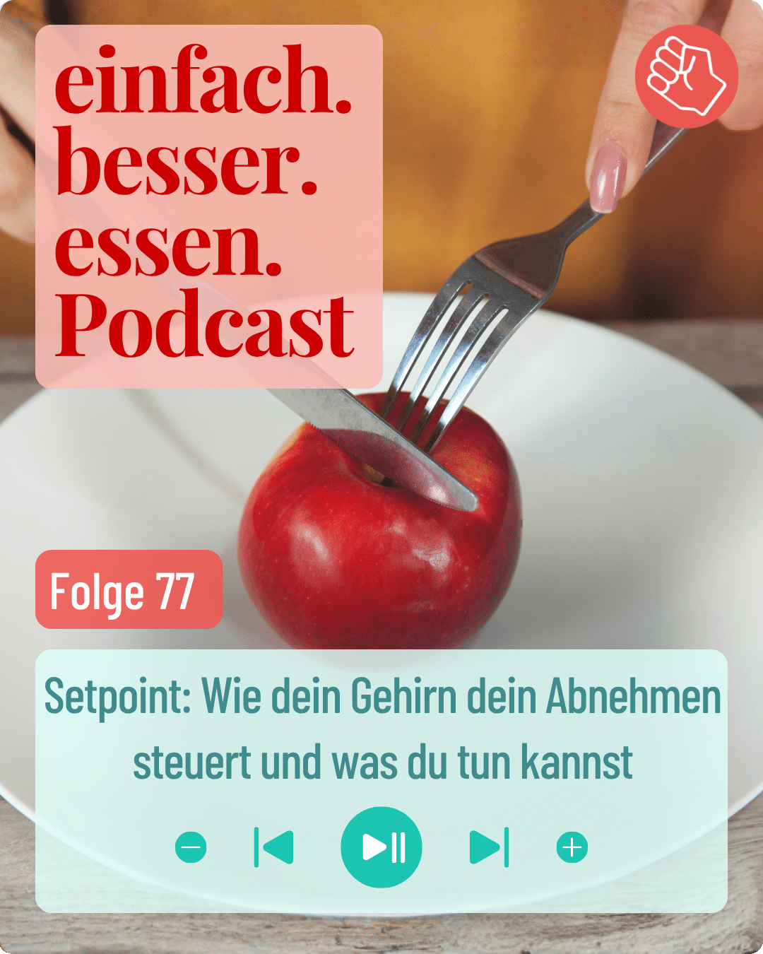 Titelbild mit einem roten Apfel auf einem Teller. Zwei Hände halten Besteck und versuchen den Apfel zu schneiden.